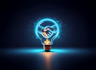 Wall Mural - a glowing lightbulb displays a handshake, symbolizing a bright idea and collaboration. the image evo