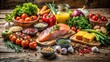 © Praphunsak - Display of Mediterranean diet food products on a wooden table with fresh produce and herbs