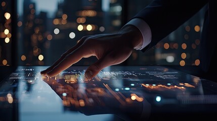 Poster - A business professional interacts with a digital device displaying data visuals, symbolizing modern analytics and technology in a sleek office setting.