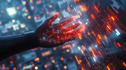 Poster - An intricate visual of a hand reaching out towards a vibrant digital network, showcasing the fusion of technology and innovation in a modern urban landscape.