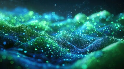 Poster - A captivating abstract visualization of a global network, featuring glowing blue and green lights that symbolize connections and data flow in a digital landscape.