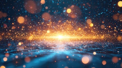 Leinwandbilder - This abstract image features a glowing blue digital background filled with particles and connected lines, symbolizing technology and network concepts in a modern and arti