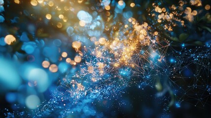 Leinwandbilder - This abstract image features a glowing blue digital background filled with particles and connected lines, symbolizing technology and network concepts in a modern and arti