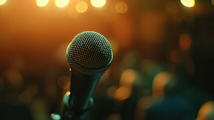 Aufkleber - A close-up view of a microphone set against a blurred audience in a conference setting, showcasing the anticipation for a main event or presentation ahead.
