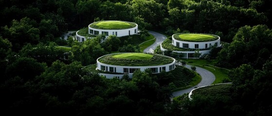 Wall Mural - Sustainable Architecture  Aerial View of Eco Friendly Homes  Green Roofs  and Lush Landsca