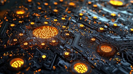 Leinwandbilder - This abstract technology background features intricate circuit board patterns with glowing elements, suitable for themes of innovation and digital connectivity in design