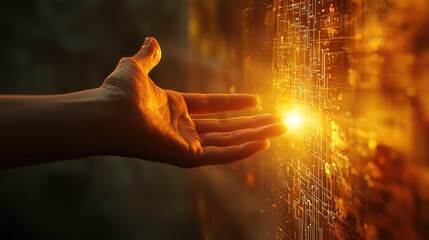 Aufkleber - A hand reaching towards a glowing point symbolizes the interaction between humans and technology, illustrating themes of digital connectivity and innovation in a modern c