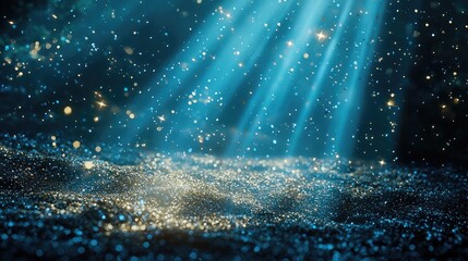 Poster - A stunning display of glowing blue light rays accompanied by sparkling particles sets a mystical tone. Perfect for abstract art and design projects needing a sense of dep