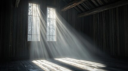 Poster - A captivating image of soft light shining into a dark wooden room, creating beams and shadows that enhance the serene atmosphere and perfect for artistic expression.