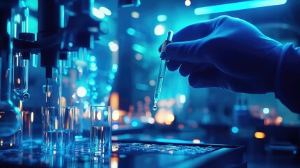 Leinwandbilder - A scientist s hand firmly holds a test tube, while a dropper releases a precise drop of liquid in a modern laboratory setting bathed in blue light.