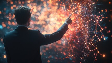 Poster - A businessman in a suit interacts with a digital graph showcasing growth. This image represents success, financial analytics, and the motivation for achieving business go