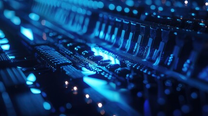 Aufkleber - This image portrays a detailed close-up of an electronic circuit board with microchips and reflective blue light, showcasing advanced technology and intricate design.