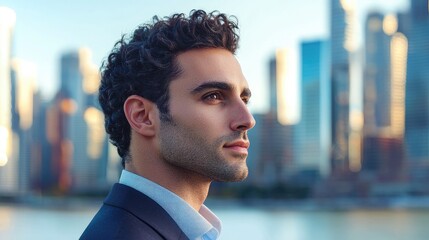Poster - A profile view of a thoughtful professional man overlaid with a vibrant city skyline, symbolizing ambition and innovation in a dynamic business landscape.