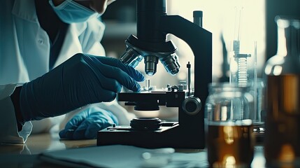 Aufkleber - Professional scientist in blue gloves adjusts microscope for detailed observation in a laboratory, emphasizing precision and care in scientific research activities.