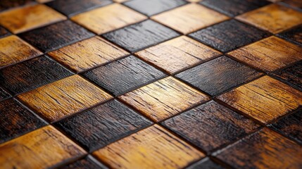 Poster - A stunning wooden chessboard pattern featuring a mix of dark and light stained tiles creating a harmonious rustic aesthetic ideal for various design projects.