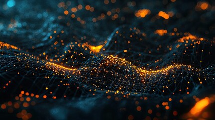 Aufkleber - An abstract digital network visualization showcasing interconnected nodes and bright points against a dark background, symbolizing technology, data, and connectivity in m