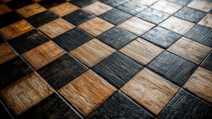 Poster - A stunning wooden chessboard pattern featuring a mix of dark and light stained tiles creating a harmonious rustic aesthetic ideal for various design projects.