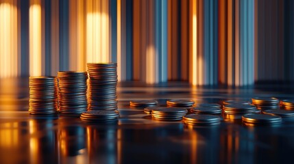 Aufkleber - A modern representation of financial growth featuring stacks of coins alongside upward-trending graphs, symbolizing economic development and investment strategies.