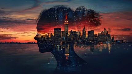 Aufkleber - A stunning double exposure artwork featuring a woman s silhouette merging with an urban skyline at sunset, capturing the beauty of nature and city life in perfect harmony