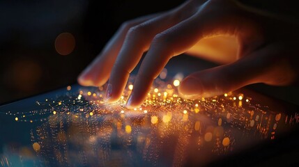 Fototapete - A close-up view of a person s hand using a tablet, showcasing dynamic business growth concepts with digital icons and metrics for startups and innovation strategies.