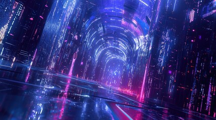Leinwandbilder - Explore a striking digital landscape showcasing a dynamic flow of glowing lines and abstract patterns in deep blue tones, representing the essence of modern technology an