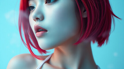 Wall Mural - A dreamlike, surreal infrared image featuring volumetric lighting. The image is a close-up of a slender Asian woman with short red hair, wearing a bikini, against a solid light blue background.