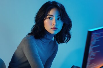 a young woman concentrates on code displayed on a computer screen, illuminated by blue light.