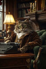 Wall Mural - A cat author hard at work on his next bestseller. AI.