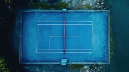 Wall Mural - Aerial view of a blue tennis court.