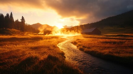 Wall Mural - Serene Sunset Over Meadow with Stream and Rustic Barn in Distance