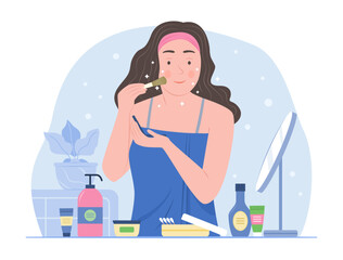 Wall Mural - Woman Doing Beauty Skin Treatment and Applying Makeup on Face Concept Illustration