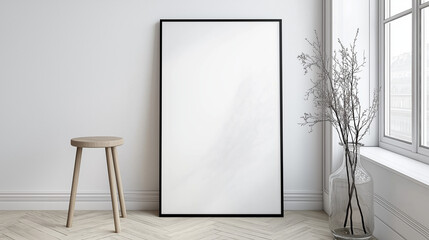 Poster - Minimalist modern interior with a leaning rectangular canvas against a white wall, complemented by a round wooden stool and natural herringbone flooring, illuminated by soft natural light through a ta