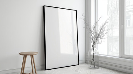 Poster - Minimalist modern interior with a leaning rectangular canvas against a white wall, complemented by a round wooden stool and natural herringbone flooring, illuminated by soft natural light through a ta