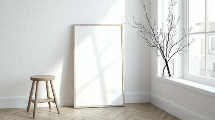 Poster - Minimalist modern interior with a leaning rectangular canvas against a white wall, complemented by a round wooden stool and natural herringbone flooring, illuminated by soft natural light through a ta
