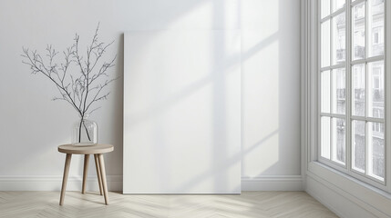 Poster - Minimalist modern interior with a leaning rectangular canvas against a white wall, complemented by a round wooden stool and natural herringbone flooring, illuminated by soft natural light through a ta