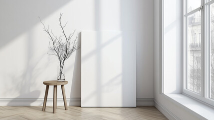 Poster - Minimalist modern interior with a leaning rectangular canvas against a white wall, complemented by a round wooden stool and natural herringbone flooring, illuminated by soft natural light through a ta