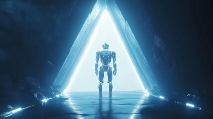 3D abstract digital AI robot floating above a light blue neon portal. Technology innovation background. Cute blue polygonal futuristic bot assistant. Tech bg. Low poly wireframe vector illustration.