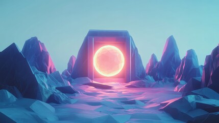 3D abstract digital AI robot floating above a light blue neon portal. Technology innovation background. Cute blue polygonal futuristic bot assistant. Tech bg. Low poly wireframe vector illustration.