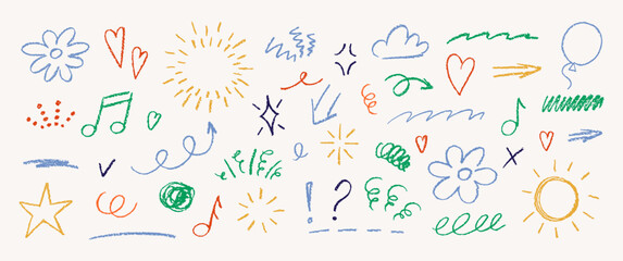 set of doodle hand drawn elements for text with crayon or pastel texture. arrows, shapes and frames.