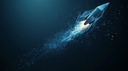 abstract rocket launch low poly wireframe. isolated on dark blue background. Business startup concept form lines, triangles and particle. vector illustration in flat style modern design.