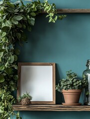 Canvas Print - A simple wooden frame mockup with blank white paper, placed on an elegant shelf adorned with potted plants and greenery against the backdrop of muted teal walls. The ambiance is warm and inviting.