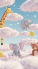 Wall Mural - A whimsical sky scene with floating balloons in various pastel colors and tiny stars sprinkled across a soft blue gradient