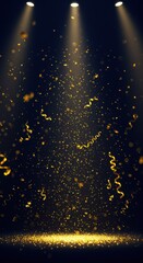 Wall Mural - A dark moody wallpaper with golden confetti raining from above illuminated by warm soft spotlights