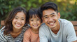 © Konstantin - Happy asian family sitting on bench outdoors, selective focus
