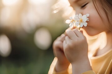 Child gently holding flower, immersed in blissful nature, sunlig