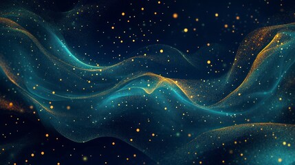 Wall Mural - A dark blue background with swirling patterns of green and gold glitter, resembling the night sky filled with stars.
