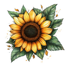 Wall Mural - Vibrant Sunflower Botanical Illustration Dark Background,