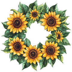 Wall Mural - Sunflower Wreath Botanical Illustration Summer Blooms Floral Design