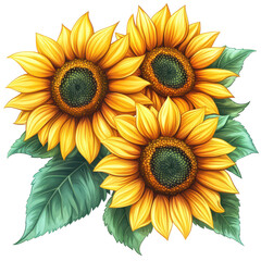 Wall Mural - Three Sunflowers Vibrant Yellow Petals Green Leaves Summer Blooms Nature Beauty,