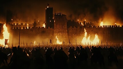 Wall Mural - The silhouette of an ancient battle, with soldiers and horses charging towards. In front is a tall castle wall towering over two armies clashing on its surface. 
